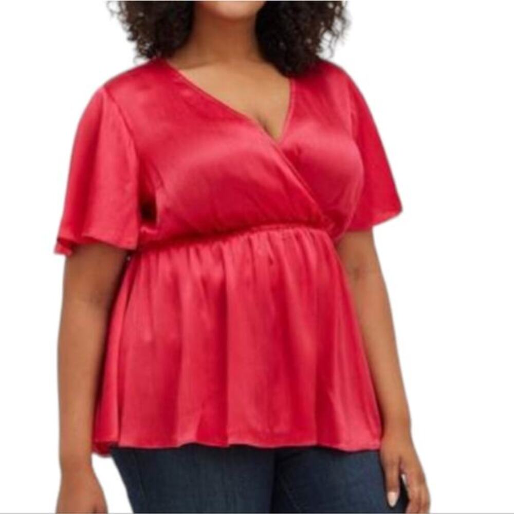 Torrid Womens Red Satin‎ Peplum Wrap Top V-Neck Flutter Sleeve Plus Size 1 1X
